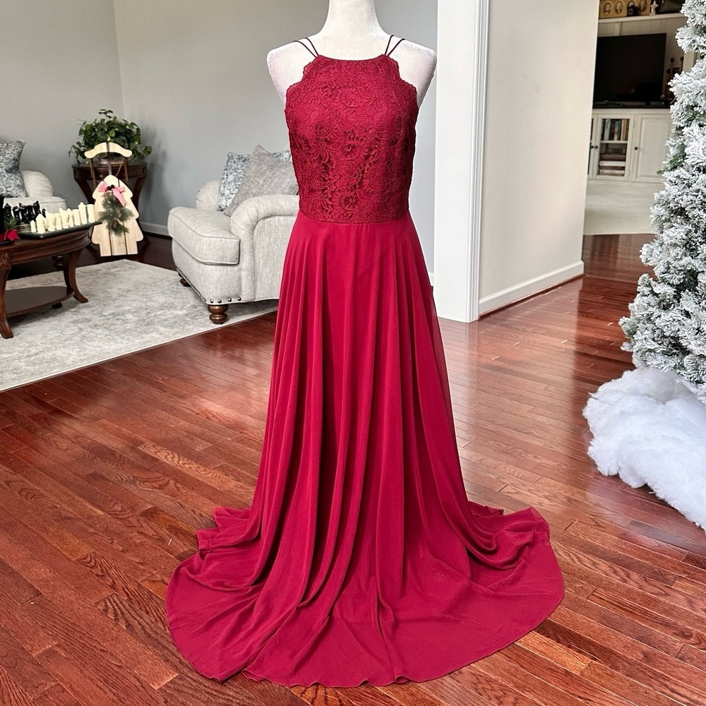 Dessy Collection Vivian Diamond Red Strappy Back High Neck Gown Dress Size 12
